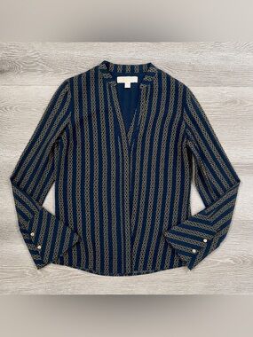 Michael Kors V-neck Chain Print Flared Sleeves Blouse Size 0 S Navy Button Down